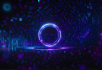 A futuristic, glowing ring floats in a digital void filled with cascading blue and purple data particlesevoking cybernetic energy and virtual reality immersion.