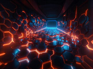 A futuristic, neon-lit corridor with glowing hexagonal panels in vibrant orange and blue hues, creating a sleek, high-tech tunnel ambiance.