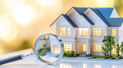 Home inspection: magnifying glass focused on the model house, concept of real estate inspection and purchase or checking the home condition.