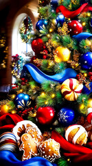 Fototapeta premium A festively decorated Christmas tree is adorned with colorful baubles, ribbons, and gingerbread cookies near the bottom branches.