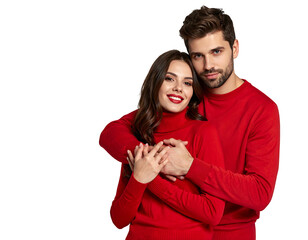 A young couple in matching red sweaters, embracing against a black background, smiles warmly at the viewer