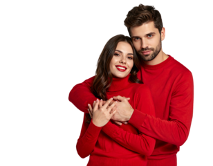 A young couple in matching red sweaters, embracing against a black background, smiles warmly at the viewer