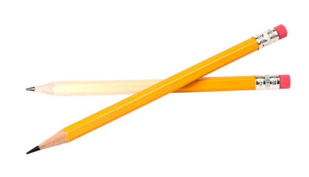 Two pencils overlap, one yellow & one pale, with erasers, diagonally on a black background