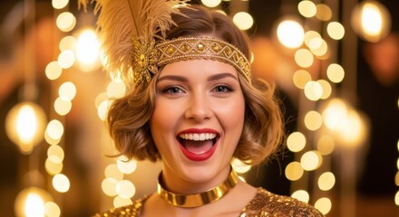 Golden Era Glamour: A radiant woman embodies the elegance of the Roaring Twenties, adorned with a feathered headpiece and a beaming smile, set against a backdrop of soft, inviting lights.