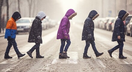 Children in winter coats crossing icy street