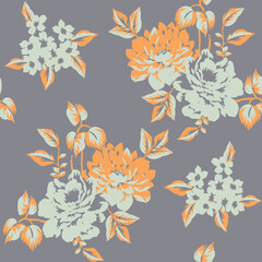 Obraz premium Seamless floral pattern, classic flower ornament, abstract ditsy print in vintage motif. Elegant botanical design of beautiful large wild flowers, leaves, small branches, herbs. Vector illustration. 