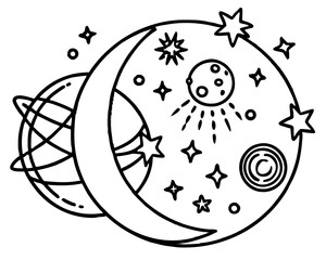 Whimsical hand drawn celestial scene featuring a crescent moon planets and stars