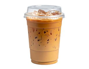 Iced coffee in clear plastic cup with lid, showing coffee and ice cubes, against a black background