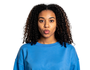 A young woman with curly hair in a blue top, pouting her lips and looking directly at the viewer against black bg