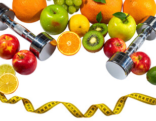 Colorful fruit with dumbbells and measuring tape set against black, promoting health and fitness