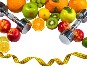 Colorful fruit with dumbbells and measuring tape set against black, promoting health and fitness