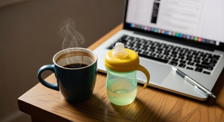 steaming coffee mug and child's sippy cup on desk by laptop. work-life balance, parenthood, and remote work concept. banner, website header, copyspace.
