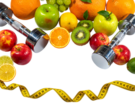Colorful fruit with dumbbells and measuring tape set against black, promoting health and fitness