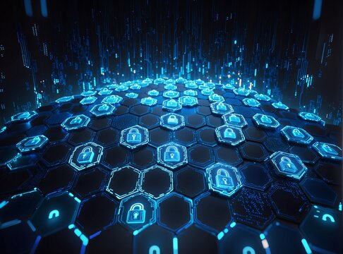 A futuristic digital landscape featuring a glowing hexagonal grid with blue-lit padlock icons, symbolizing cybersecurity and data protection in an advanced tech environment.