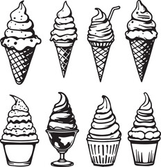 Soft serve ice cream set — black and white stylized swirls in cones, cups, and sundae dishes for dessert and food themes