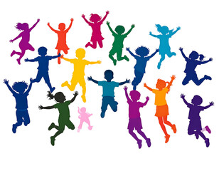 Colorful silhouettes of children jumping with joy on a black background, expressing freedom and celebration