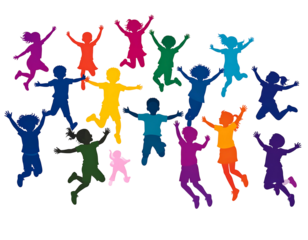 Colorful silhouettes of children jumping with joy on a black background, expressing freedom and celebration