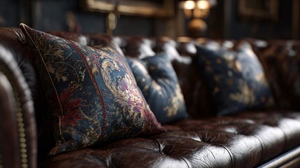 Italian leather sofa with Japanese throw pillows, moody interior