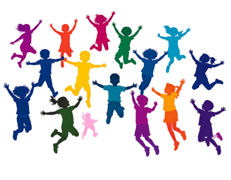 Colorful silhouettes of children jumping with joy on a black background, expressing freedom and celebration