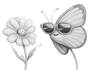 Cute butterfly with sunglasses looking at a flower isolated on transparent background illustration
