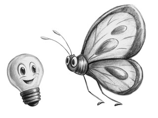 Cute butterfly looking at a light bulb isolated on transparent background illustration