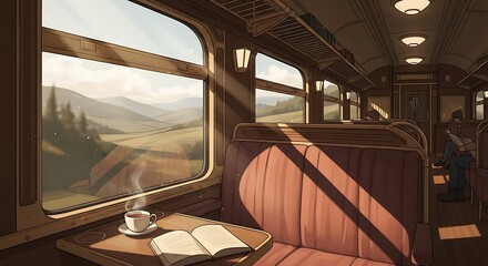 Fototapeta premium Cozy Train Journey - Book, Coffee, and Scenic Views.