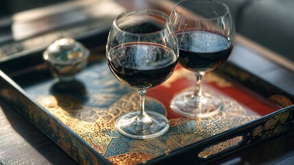 Japanese lacquer tray styled with French wine glasses