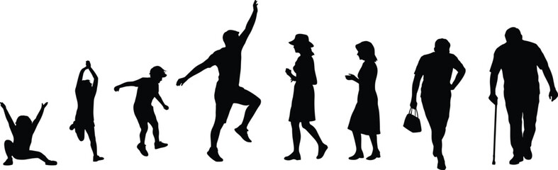 Silhouette, human life stages, childhood to old age, growth, development, aging, people evolution, generational concept, walking, family, education, healthcare, lifestyle