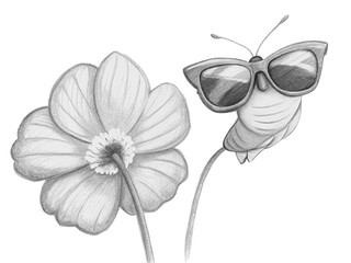 Cute butterfly with sunglasses looking at a flower isolated on transparent background illustration