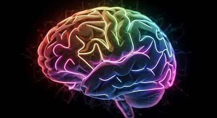 Vibrant Rainbow Brain Illustration with Neural Network Connections.