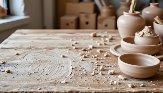Artisanal Pottery Workspace with Raw Clay Bowls and Tools on a Textured Wooden Surface