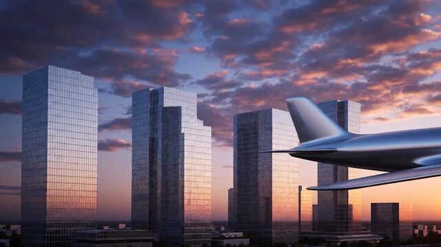 A futuristic silver plane soars over a city of modern skyscrapers at sunset, reflecting light
