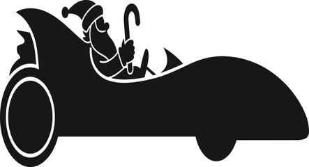 Silhouette of Santa Claus driving futuristic race car with candy cane, black vector illustration for holiday, speed, and festive concept