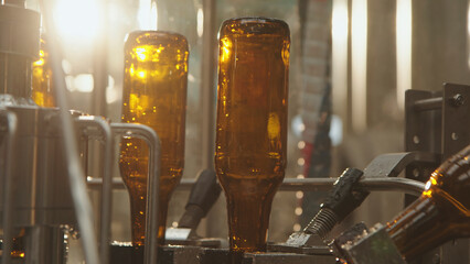 Amber beer bottles are moving along a filling and bottling line, undergoing a washing or rinsing process in a modern brewery or industrial manufacturing plant
