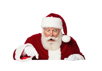 Elderly santa claus, red suit, fur, gloves, gold glasses, wide eyes, o-mouth, pointing, extreme shock, white surface, transparent background, ultra-photorealistic festive surprise