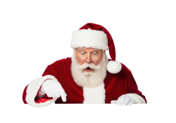 Elderly santa claus, red suit, fur, gloves, gold glasses, wide eyes, o-mouth, pointing, extreme shock, white surface, transparent background, ultra-photorealistic festive surprise