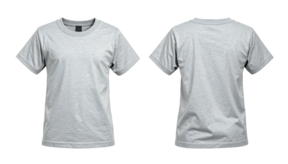 Two plain grey t-shirts, front and back view, with a simple crew neck and short sleeves on a black background
