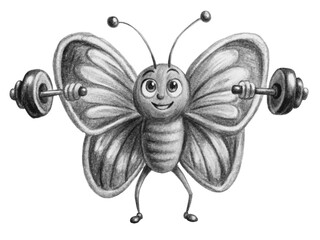 A strong butterfly lifting weights, isolated on transparent background, showing power