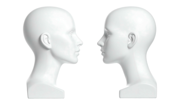 Two plain white mannequin heads face each other against a black backdrop in a symmetrical studio shot