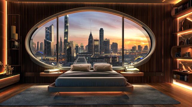 Luxury Futuristic Bedroom With Panoramic City Skyline View