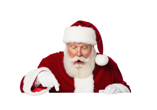 Elderly santa claus, red suit, fur, gloves, gold glasses, wide eyes, o-mouth, pointing, extreme shock, white surface, transparent background, ultra-photorealistic festive surprise