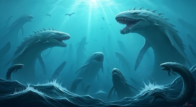 Ancient Sea Monsters Emerge from Deep Ocean Waters Under Sunlight Rays.
