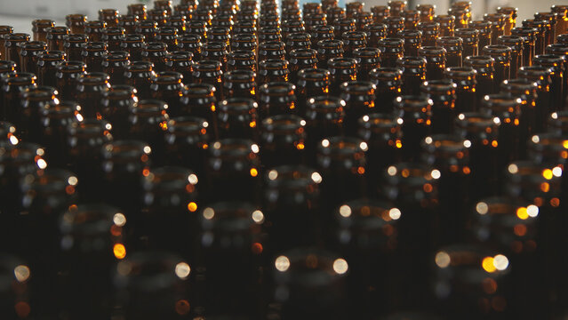 Brown glass bottles arranged in perfectly aligned rows on a conveyor belt in a beverage manufacturing facility, highlighting industrial automated production and efficiency