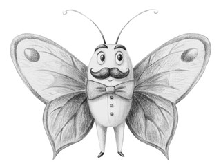 Butterfly with mustache and bow tie, a cute and funny illustration isolated on transparent background