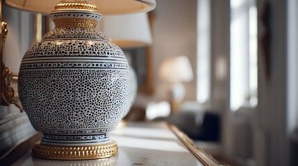 Moroccan ceramic lamp placed in clean Swedish interior