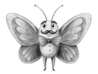 Butterfly with mustache and bow tie, a cute and funny illustration isolated on transparent background