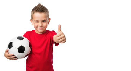 A young caucasian boy, 7-9, in a red t-shirt, winking, giving thumbs-up, holding a soccer ball against a bright white studio background, pure joy and confidence in sports
