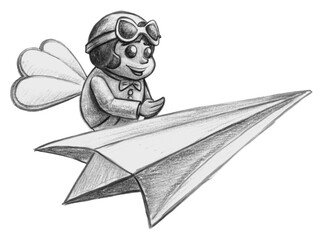 Happy fairy pilot flying a paper airplane isolated on transparent background in pencil style
