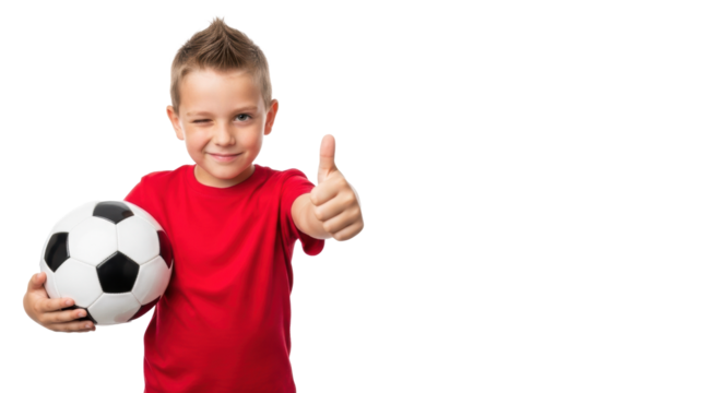 A young caucasian boy, 7-9, in a red t-shirt, winking, giving thumbs-up, holding a soccer ball against a bright white studio background, pure joy and confidence in sports