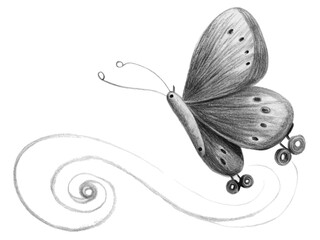 Hand drawn butterfly with wheels isolated on transparent background flying with swirl